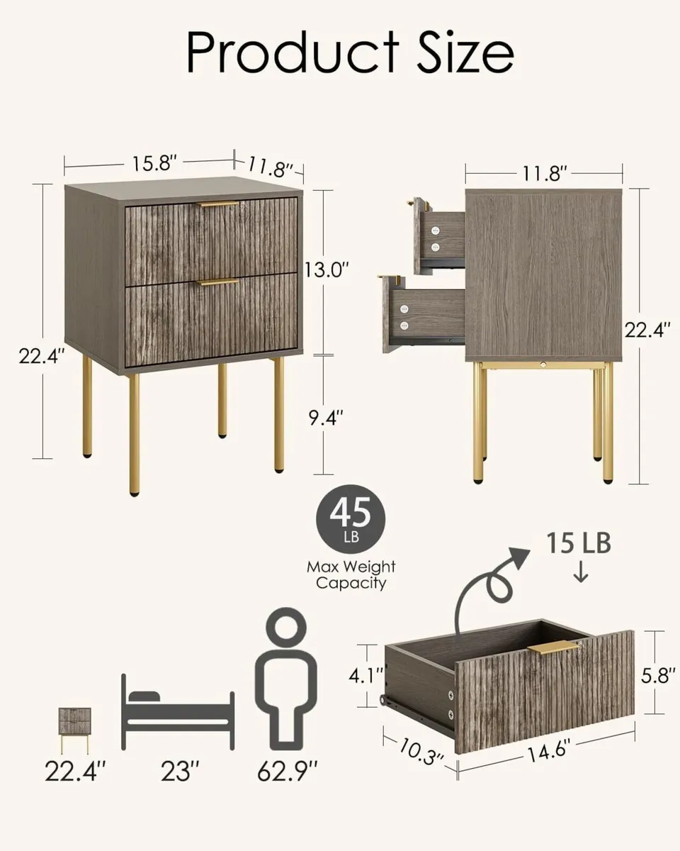 Bedside Table Small Tables with 2 Drawers Wooden - Image 2