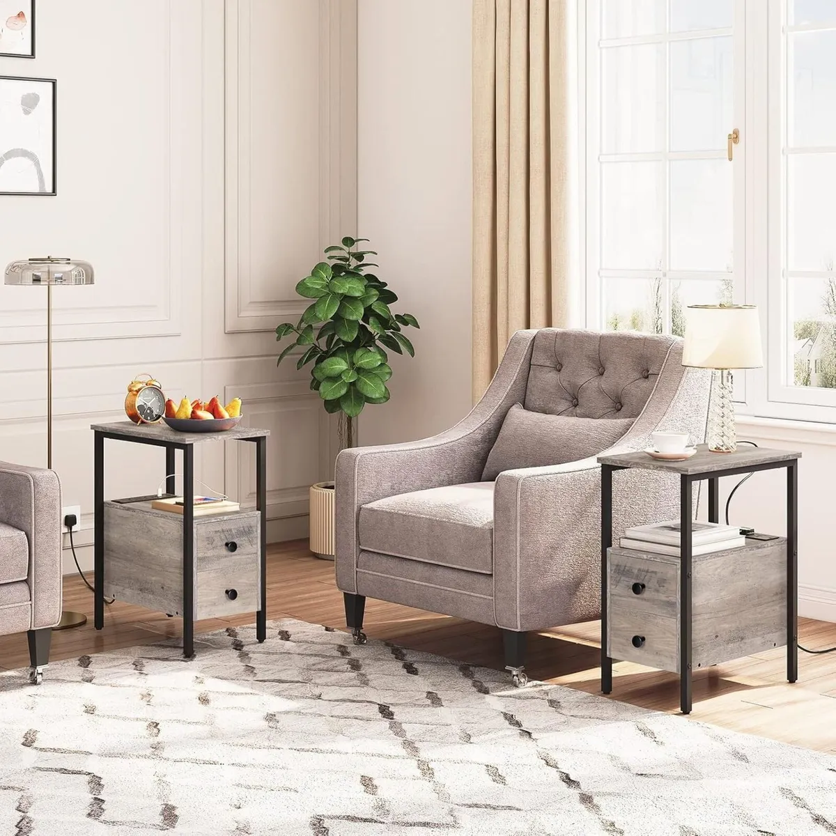 Side Table Narrow Bedside with Charging Station - Image 2