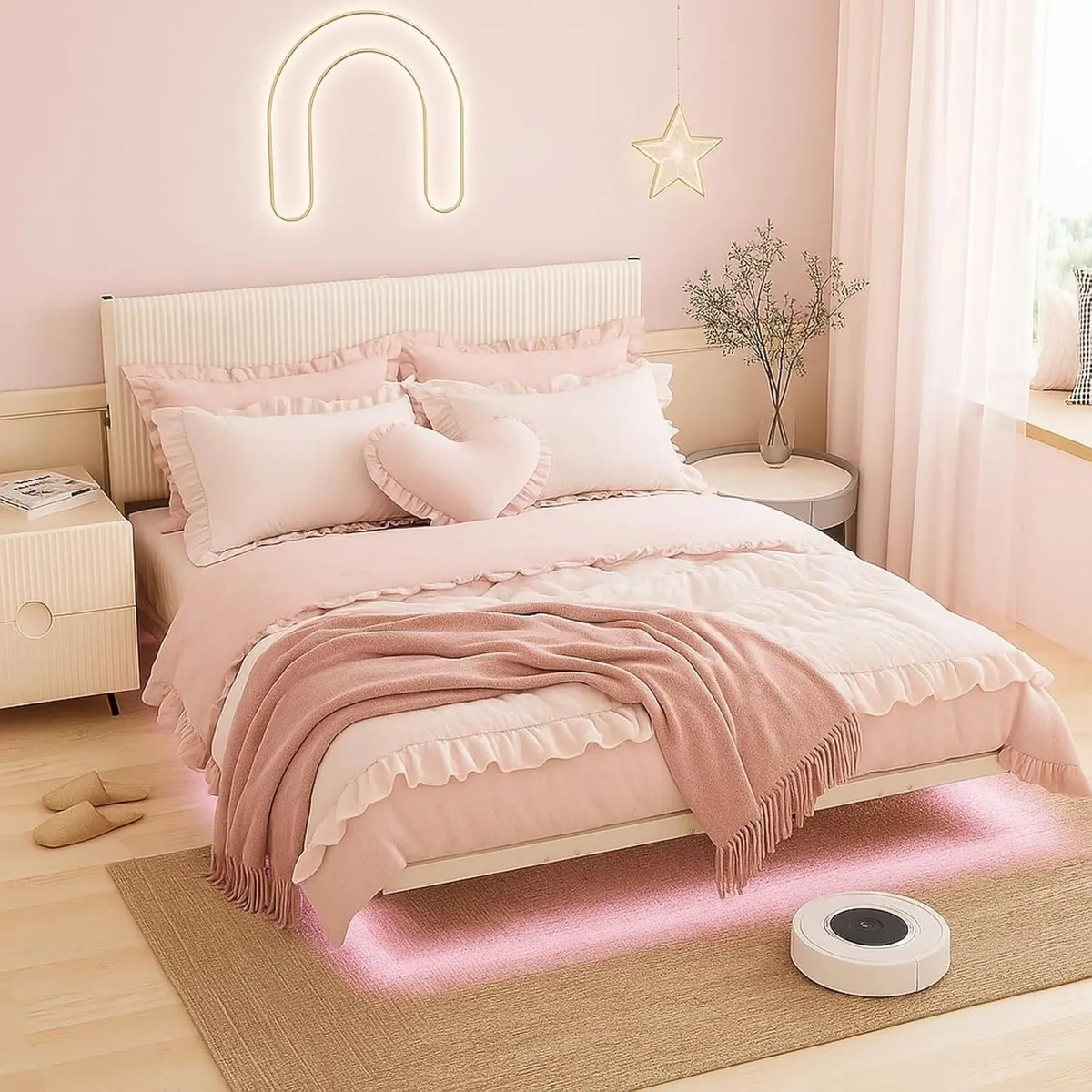 King Floating Bed Frame with LED Lights and - Image 1