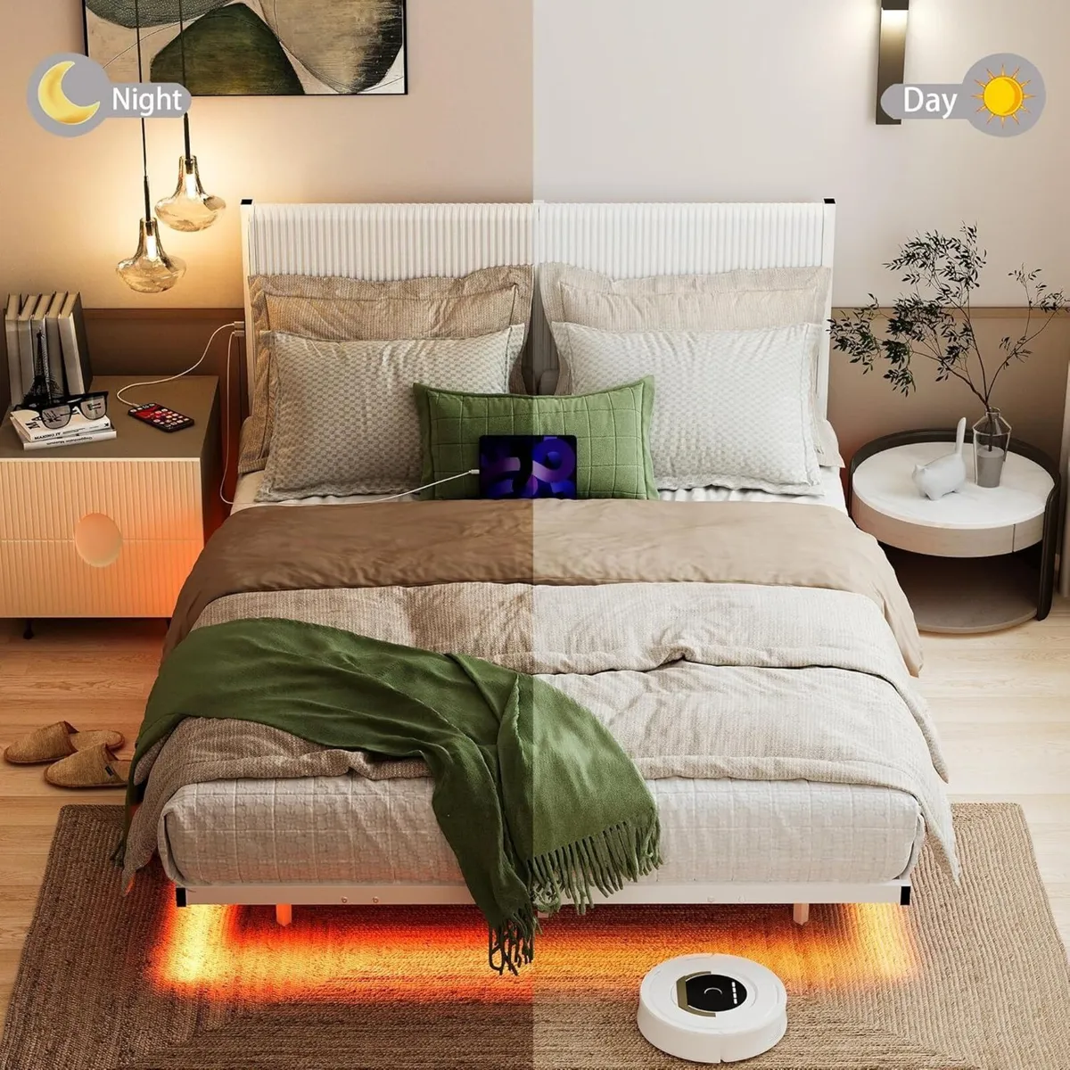 King Floating Bed Frame with LED Lights and - Image 3