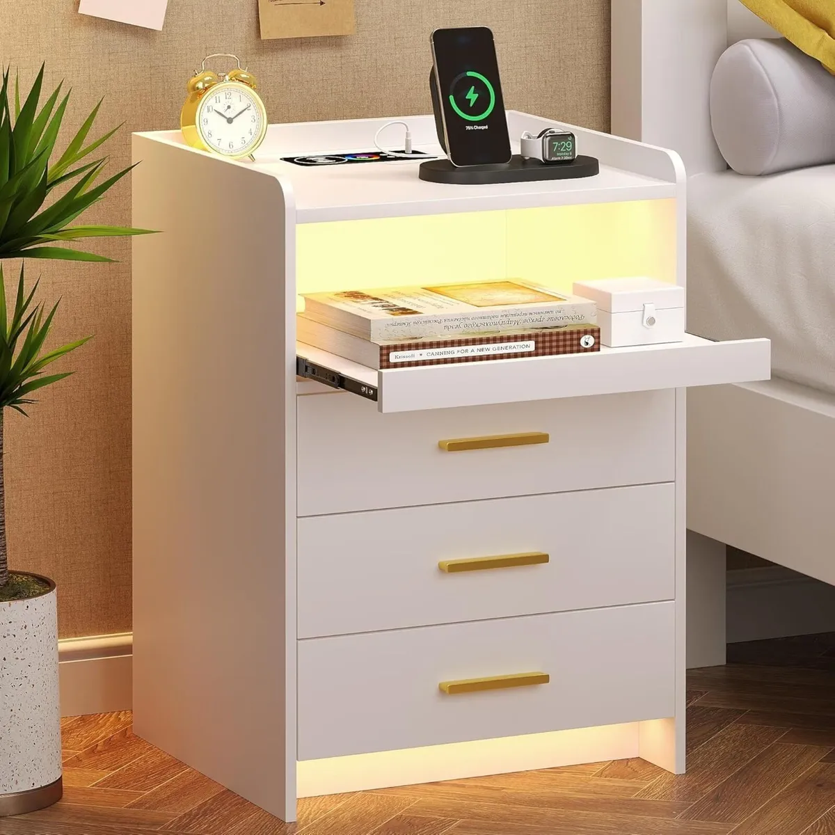 White Bedside Table with Charging Station and Led - Image 1