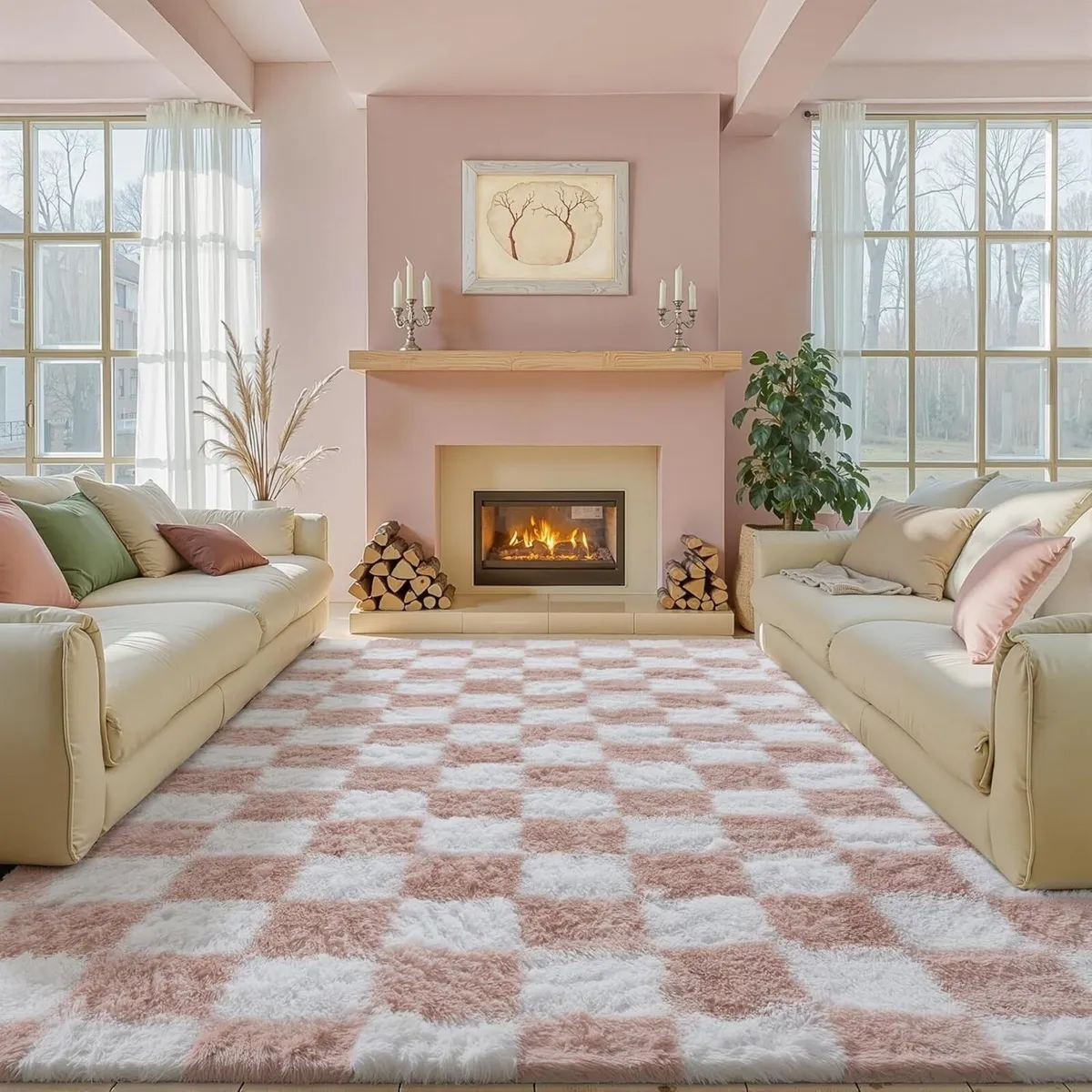 Fluffy Checkered Rugs Living Room Large Area Rug - Image 1