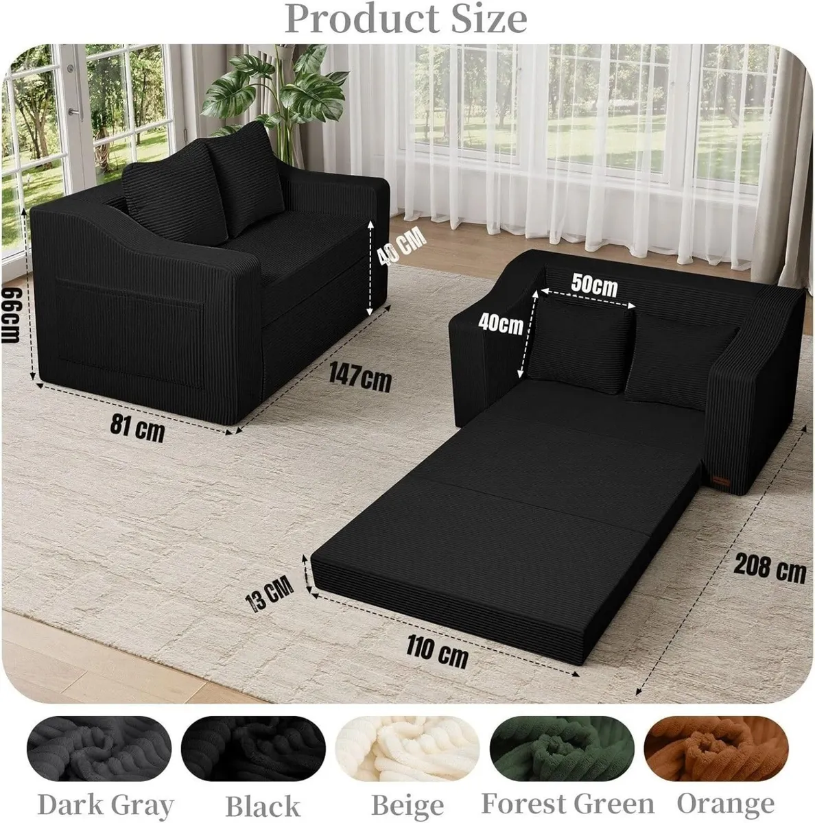 Convertible Sofa Bed Corduroy Foldable Floor - Image 2
