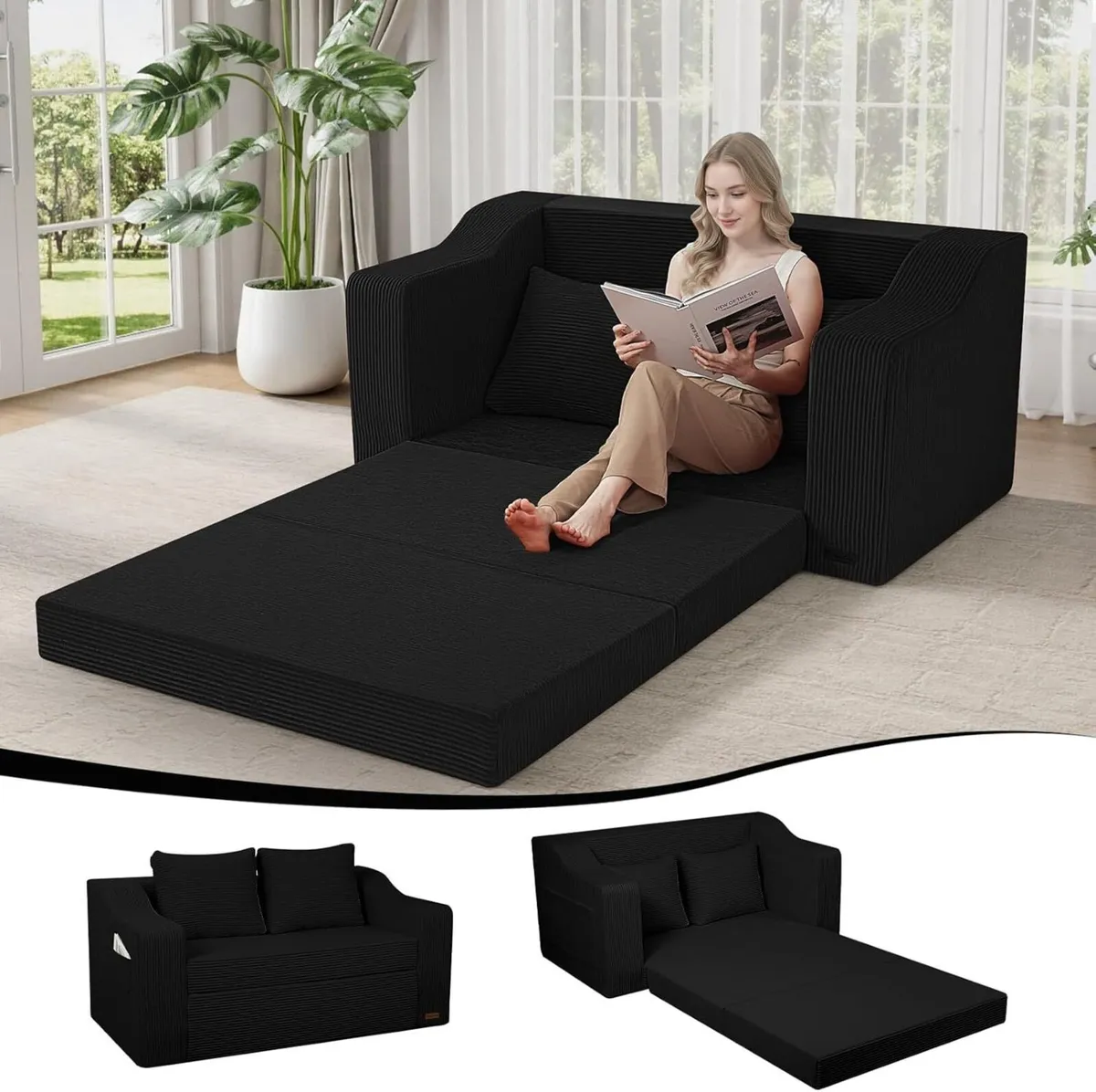 Convertible Sofa Bed Corduroy Foldable Floor - Image 1
