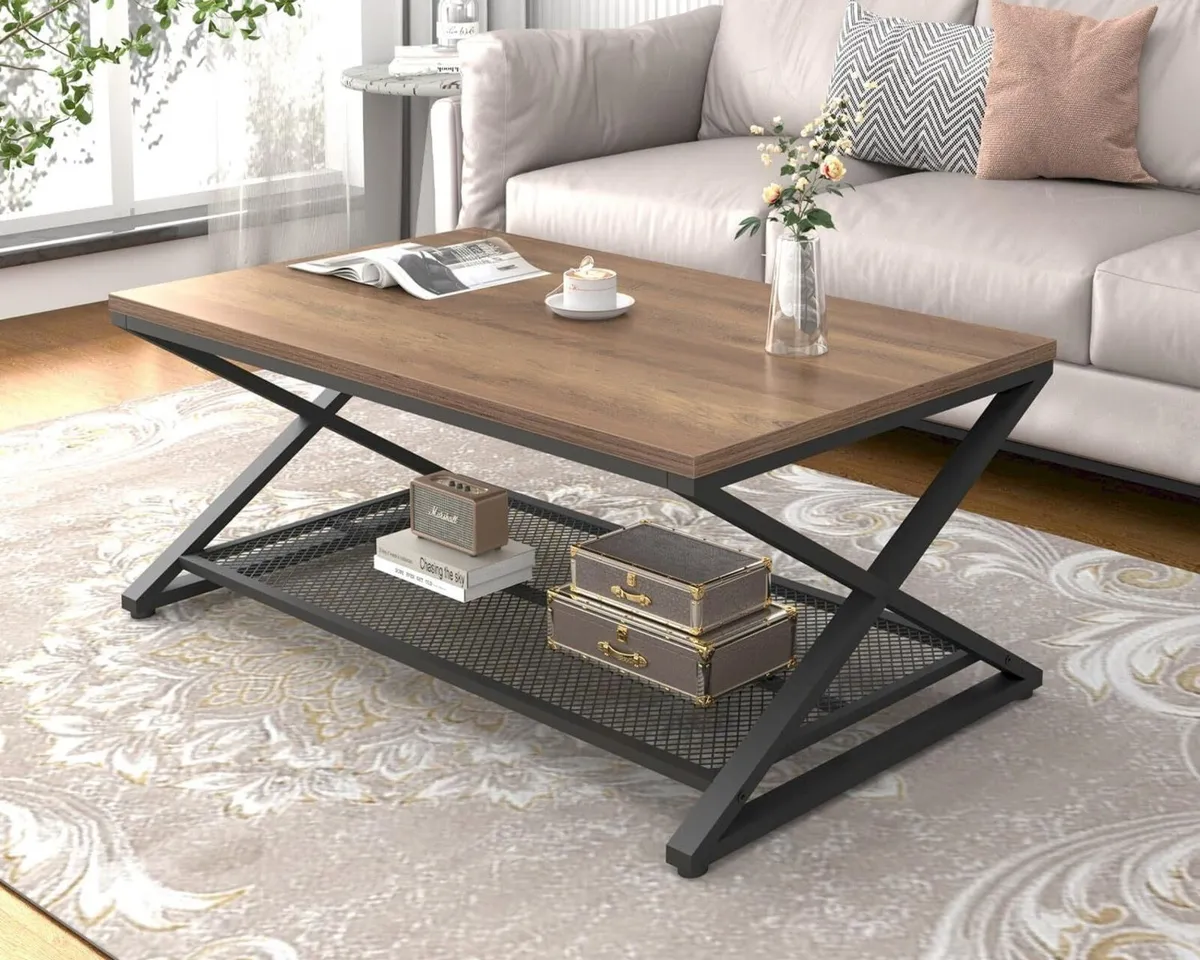 2 Tier Coffee Table Industrial Wood Metal Center - Image 1