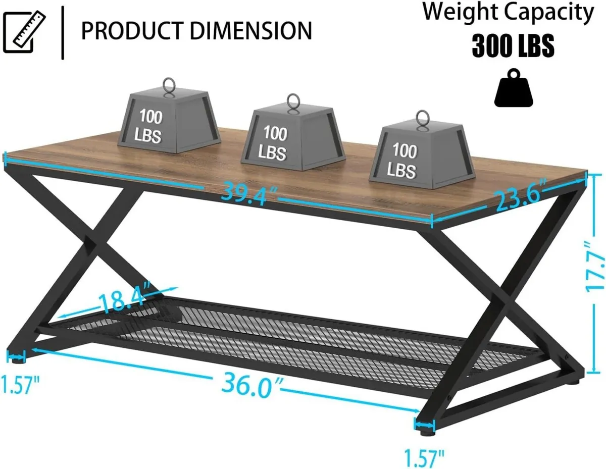 2 Tier Coffee Table Industrial Wood Metal Center - Image 2