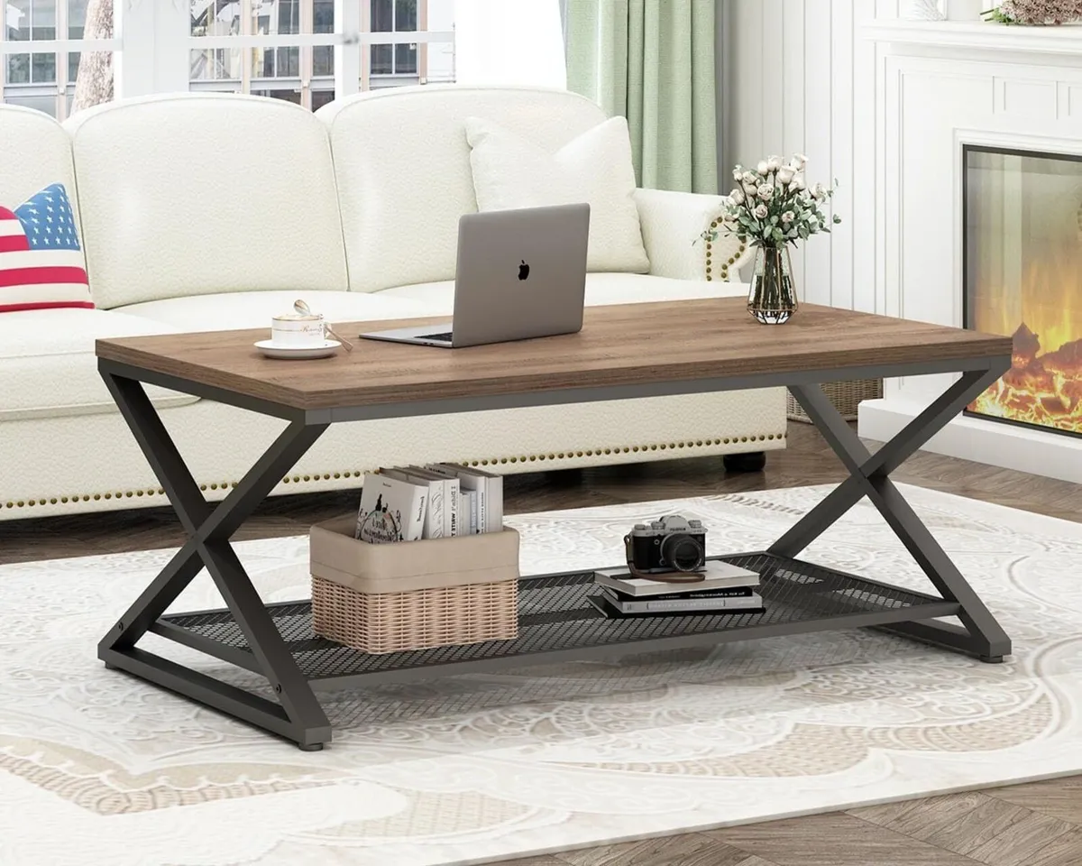 2 Tier Coffee Table Industrial Wood Metal Center - Image 3