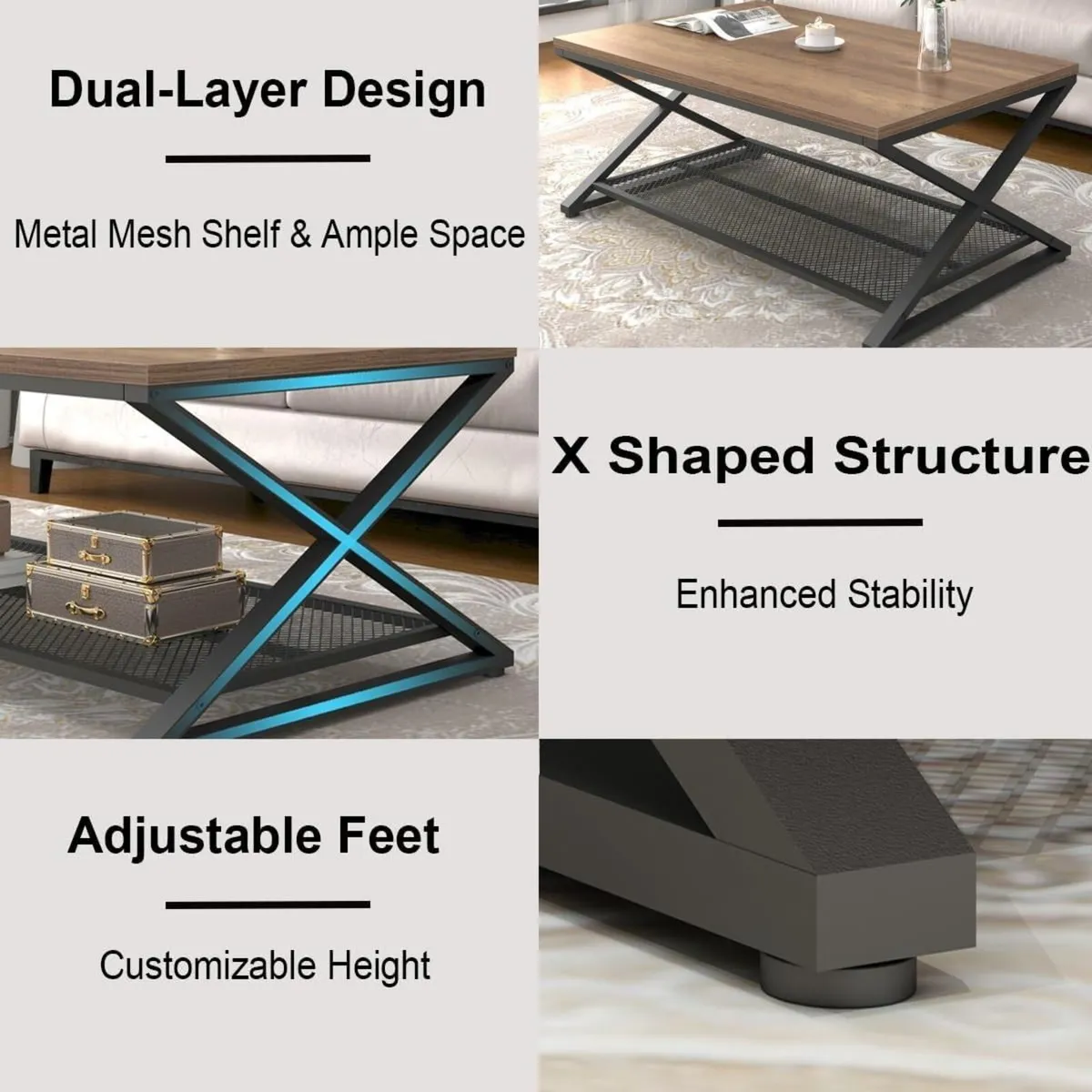 2 Tier Coffee Table Industrial Wood Metal Center - Image 4