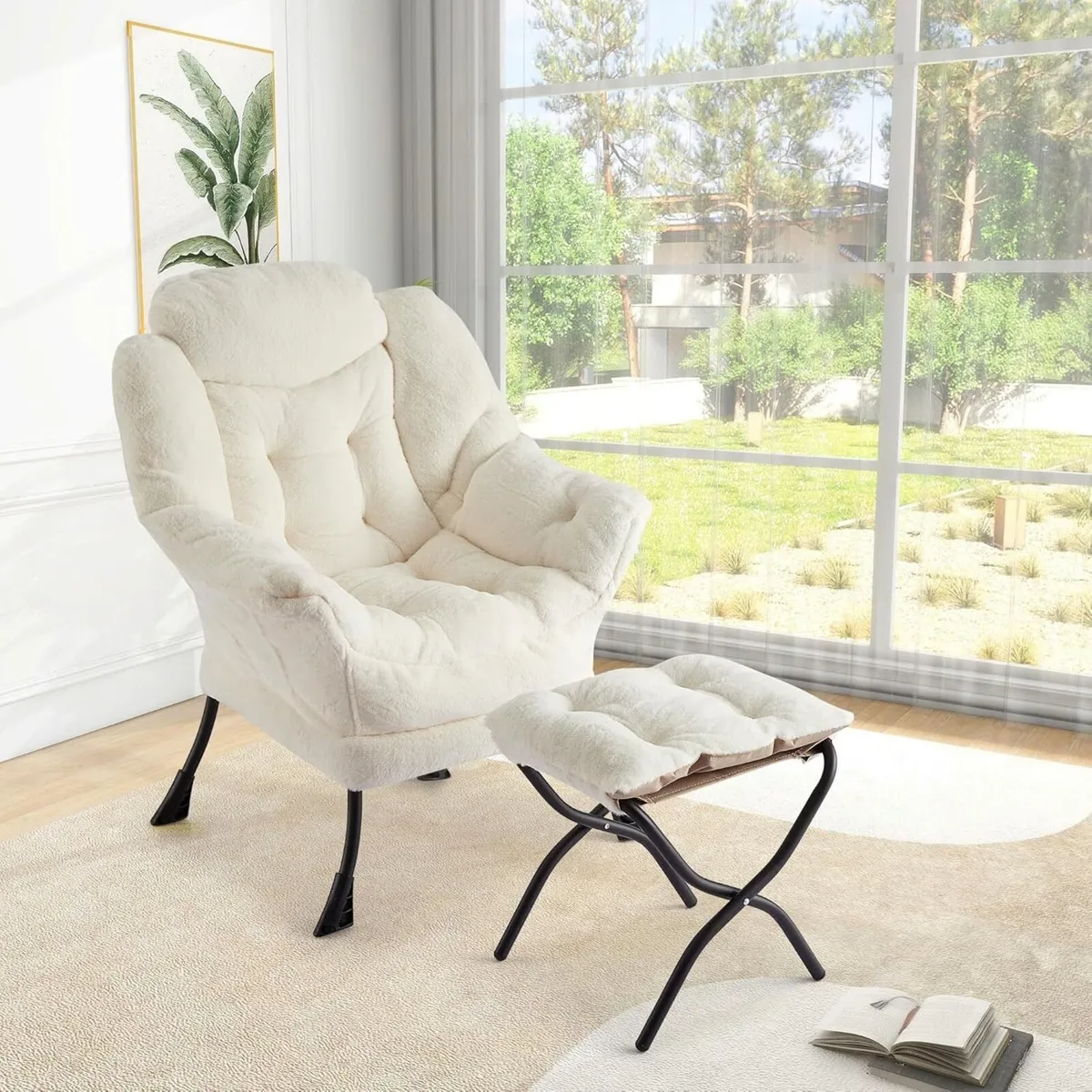 Plush Rabbit Fur Lazy Chair with Ottoman White - Image 1