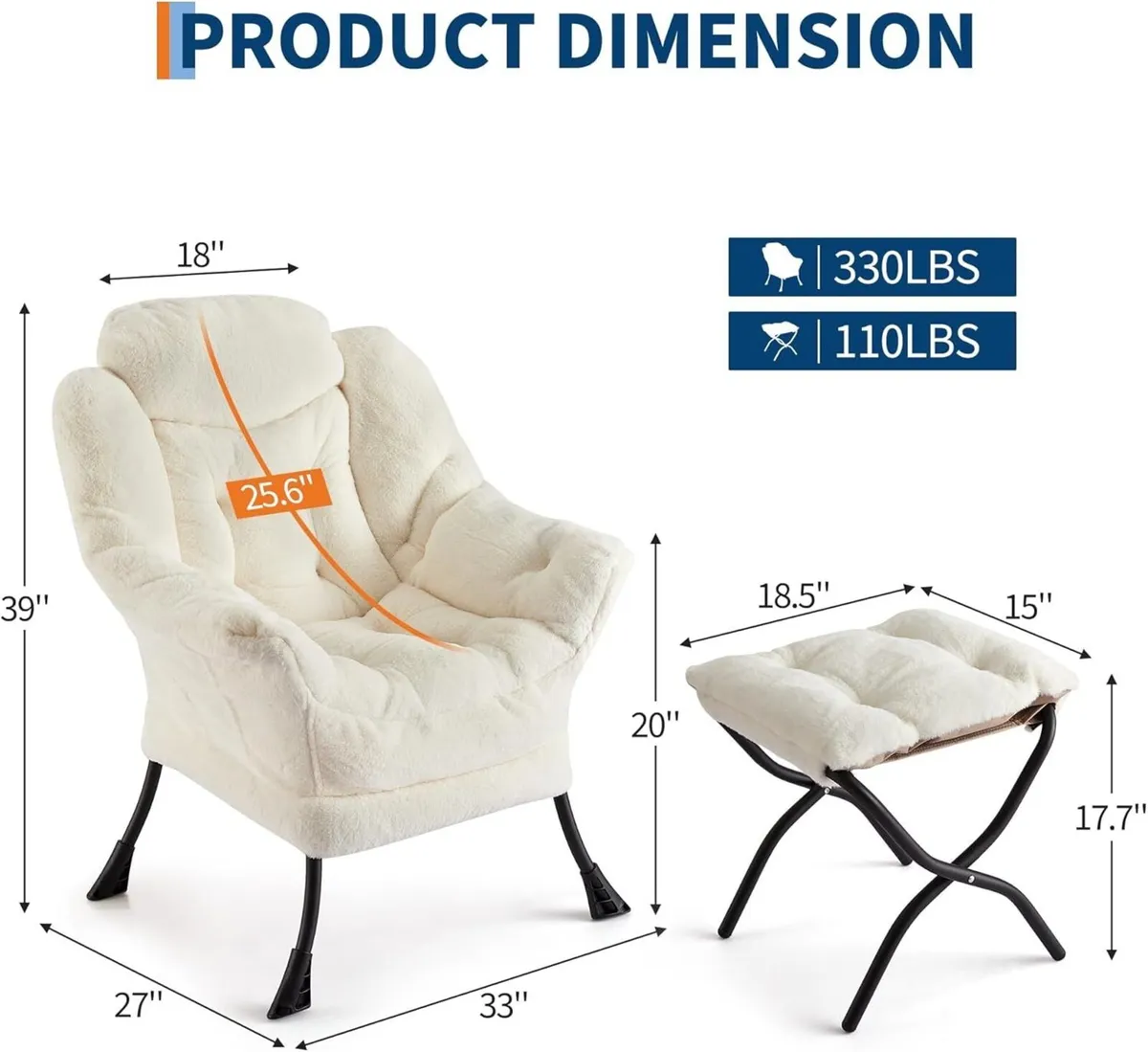 Plush Rabbit Fur Lazy Chair with Ottoman White - Image 2