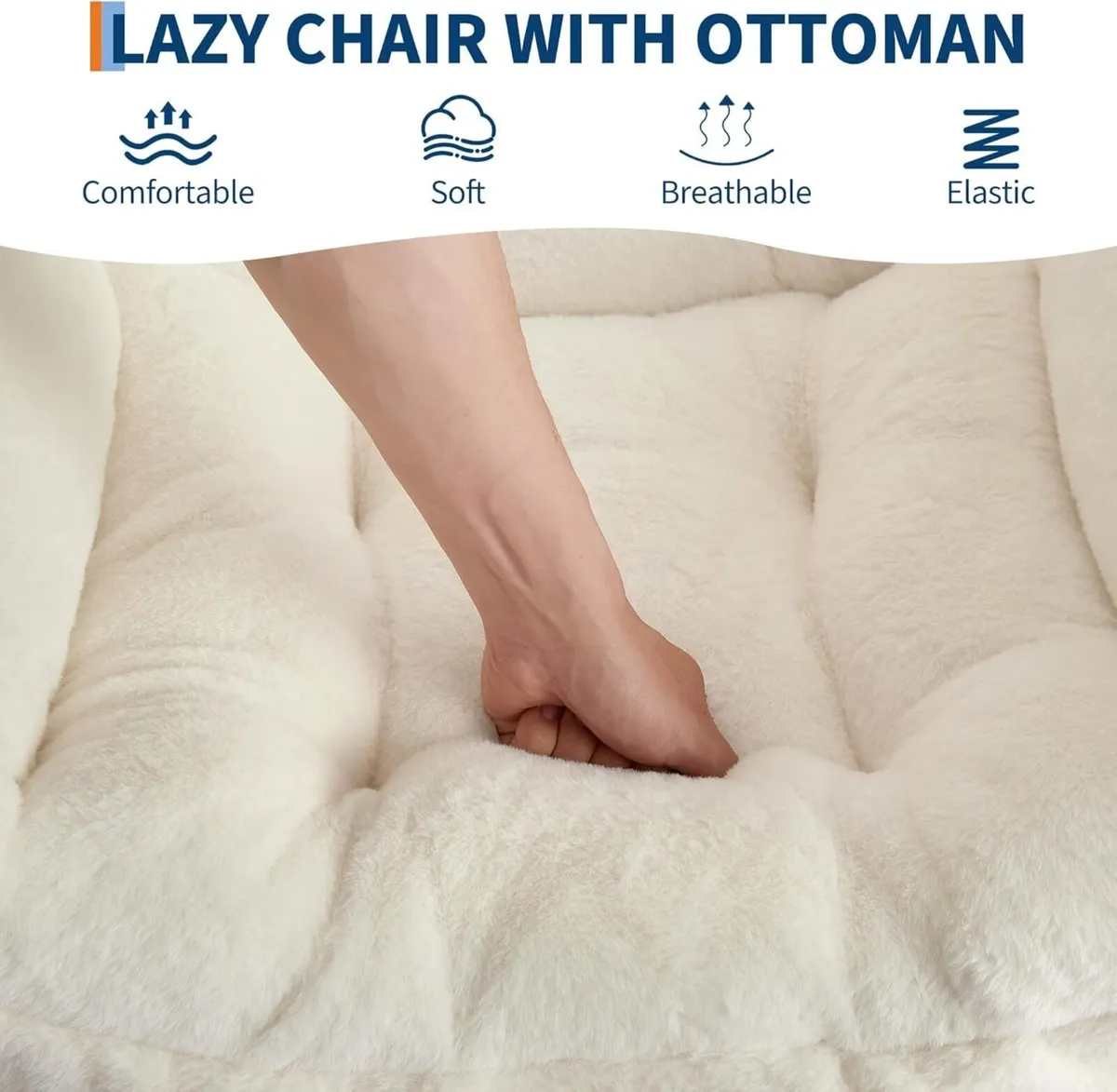 Plush Rabbit Fur Lazy Chair with Ottoman White - Image 3