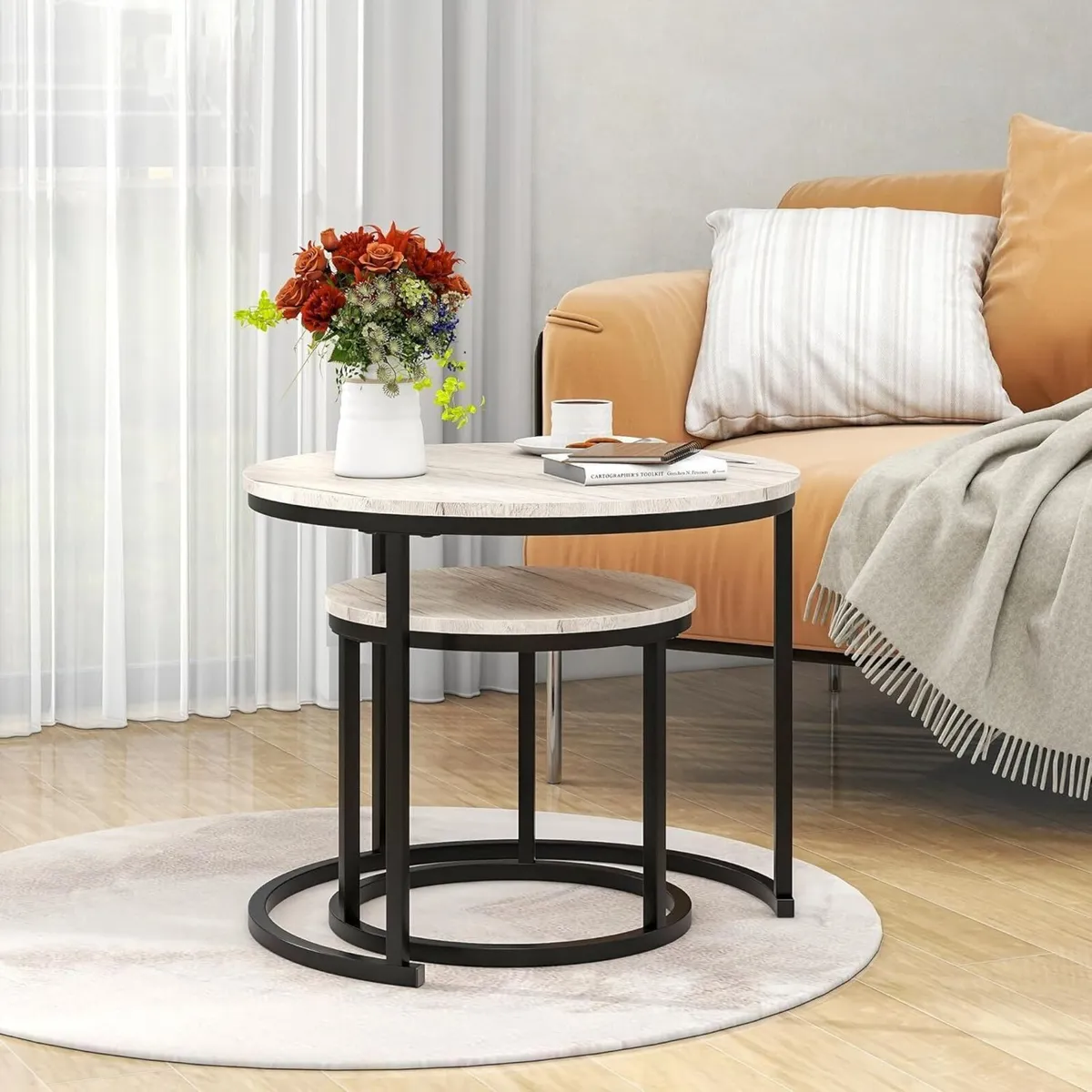 Round Coffee Table Nesting Set of 2 Small Living - Image 3
