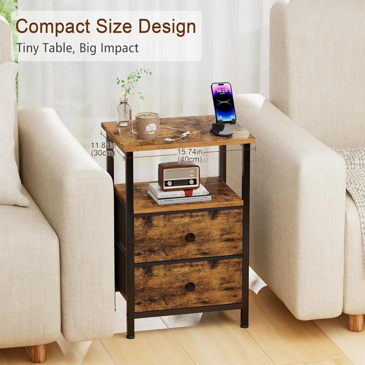 Bedside Table Set of 2 Side with Fabric Drawers - Image 4