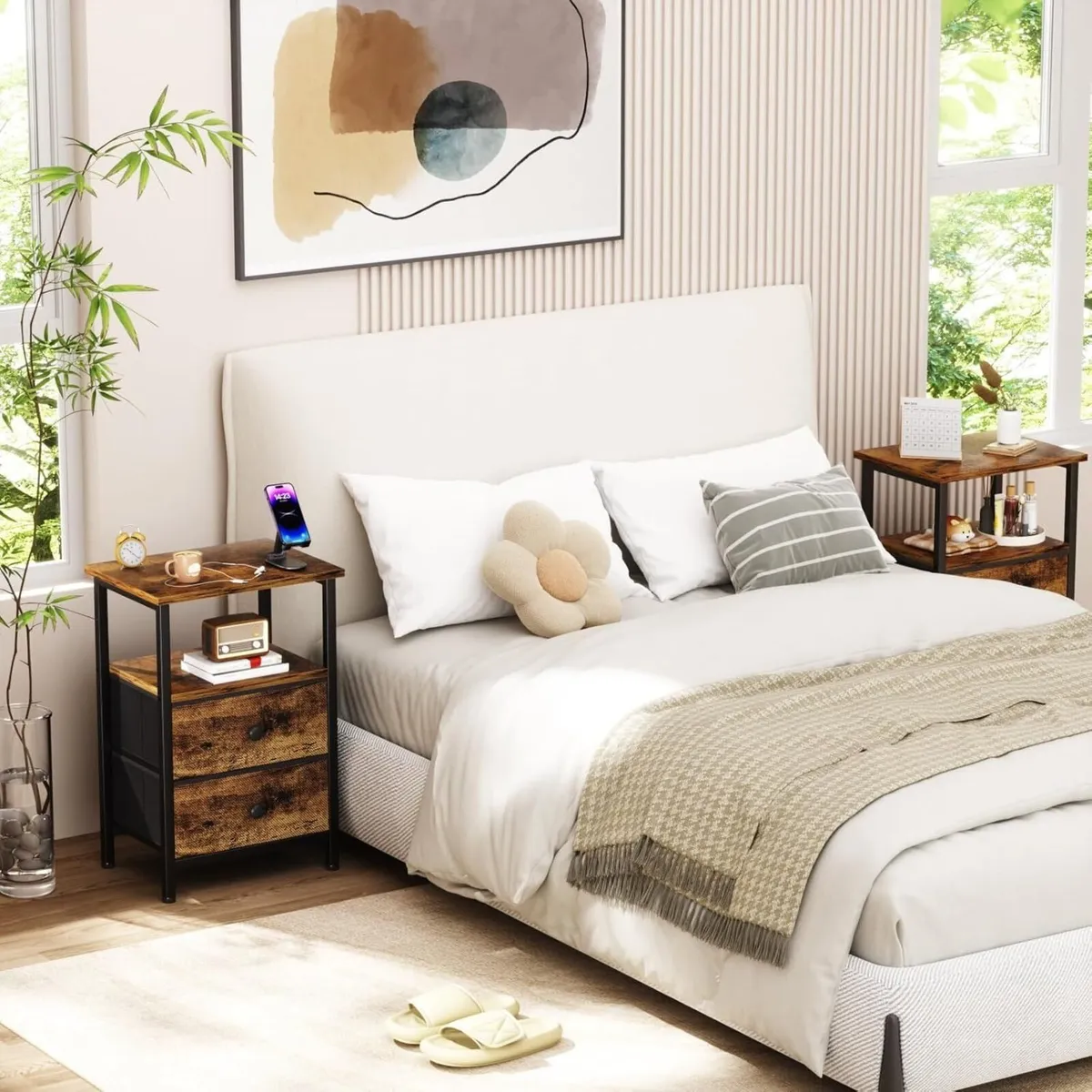 Bedside Table Set of 2 Side with Fabric Drawers - Image 2