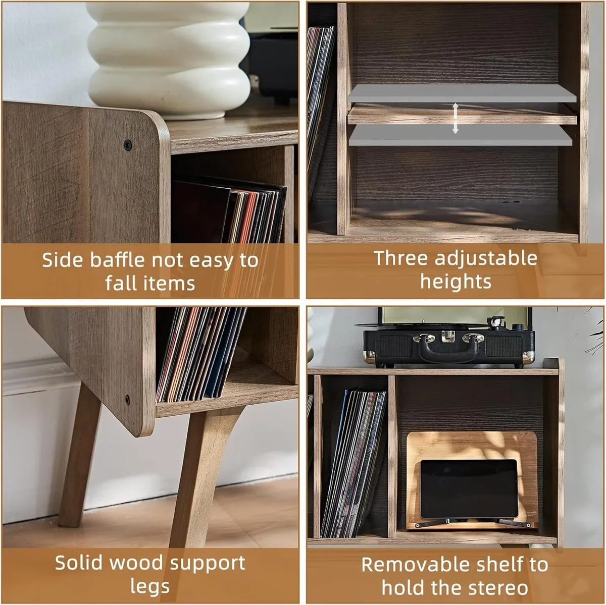 Oak Record Player Stand with 4 Cabinet Holds Up - Image 4