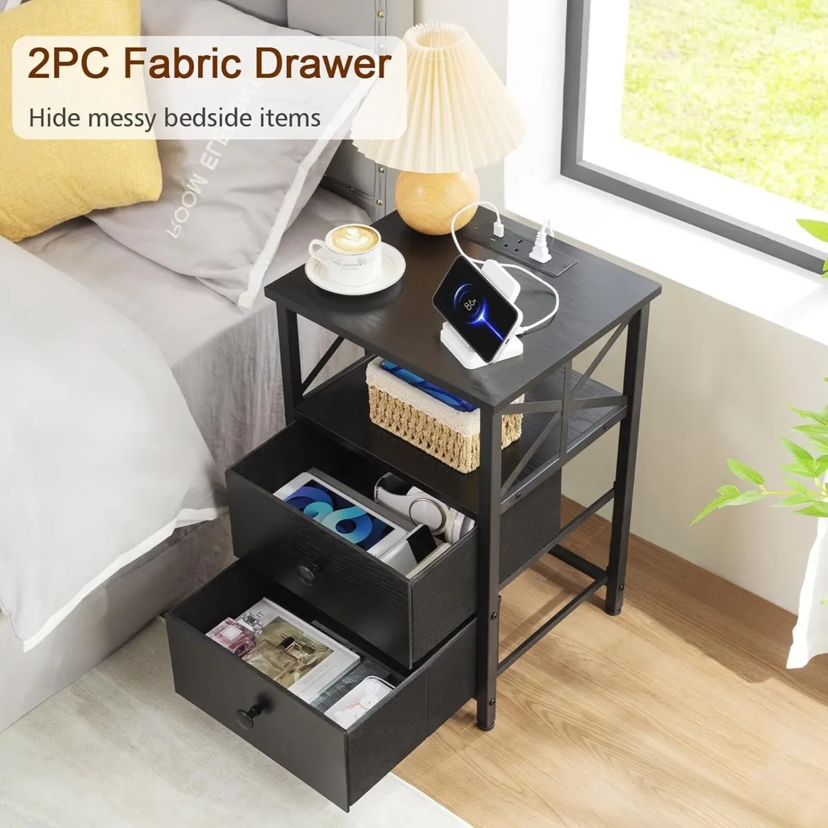 Bedside Table Set of 2 Side with Charging Station - Image 4