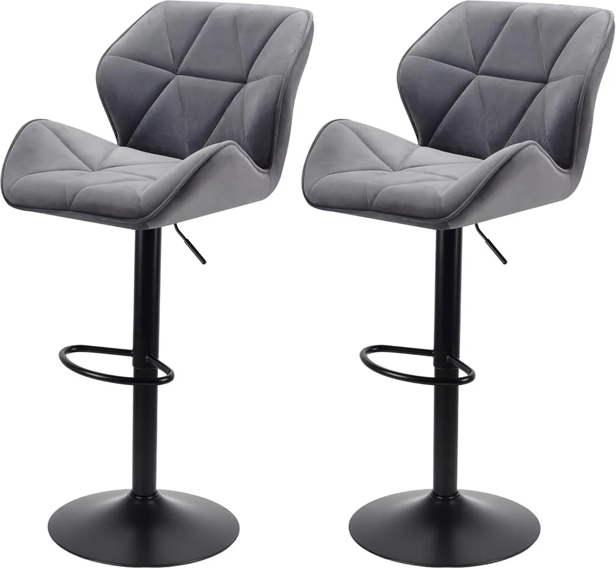 Set of 2 Velvet Bar Stools with Footrest Adjustabl - Image 1