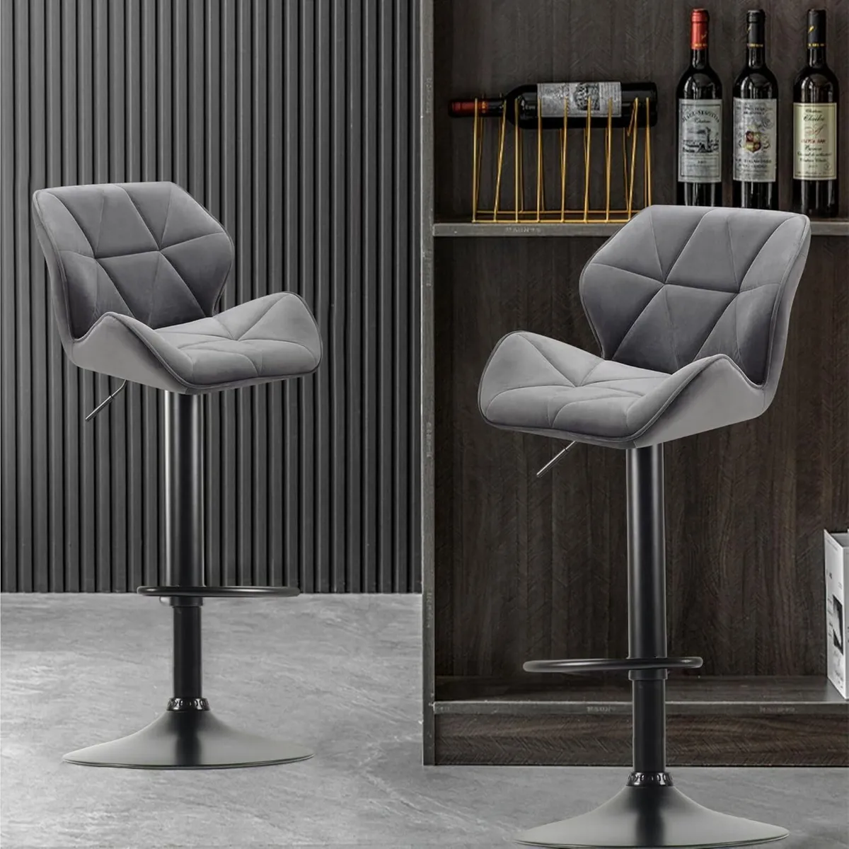 Set of 2 Velvet Bar Stools with Footrest Adjustabl - Image 2