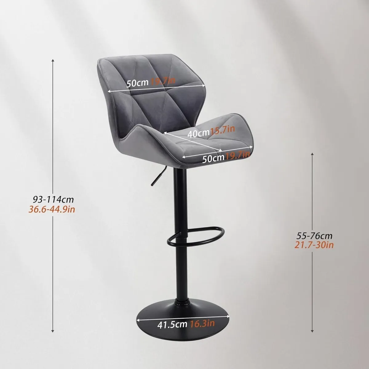 Set of 2 Velvet Bar Stools with Footrest Adjustabl - Image 3