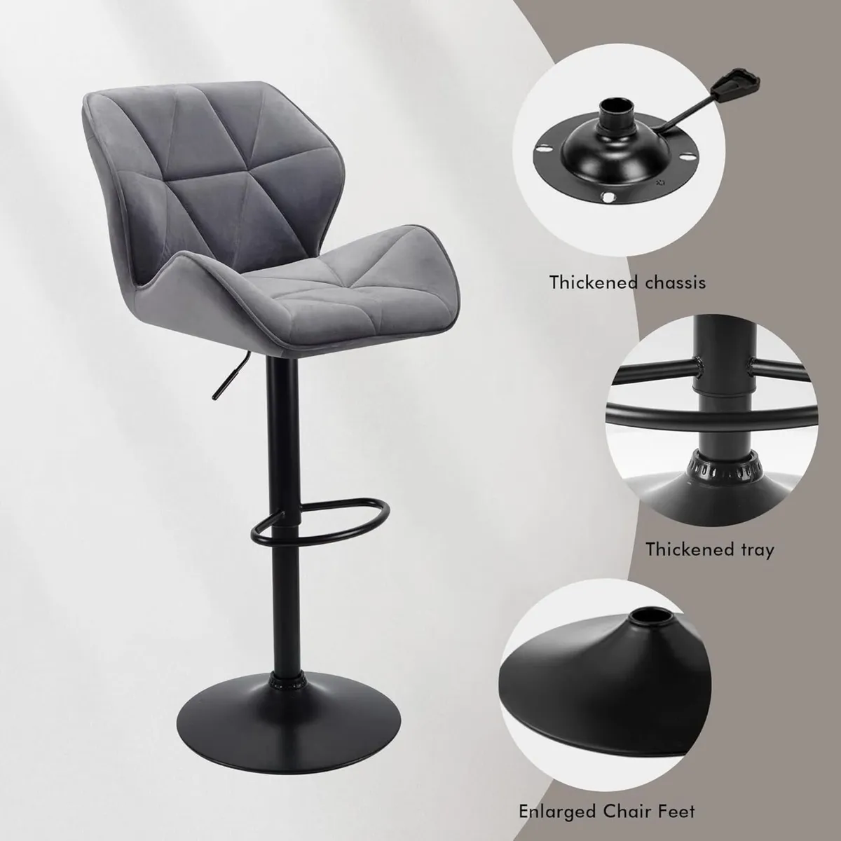 Set of 2 Velvet Bar Stools with Footrest Adjustabl - Image 4