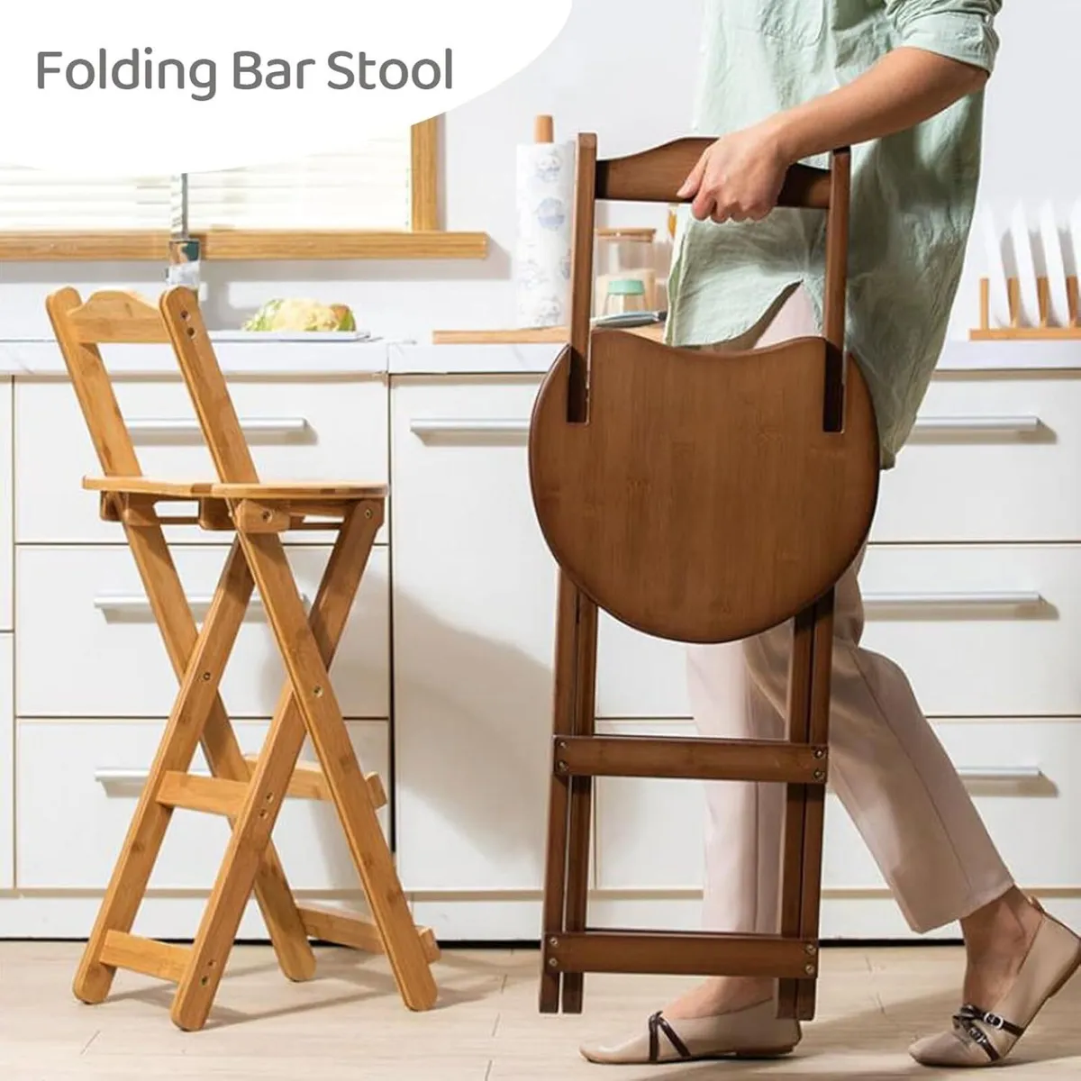 Folding Bar Stool Bamboo Counter Height Chairs - Image 2