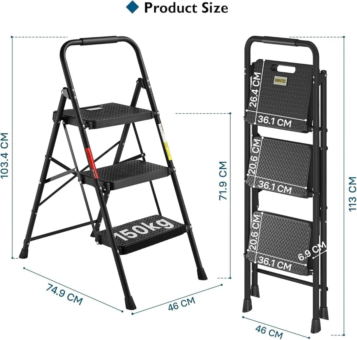 3 Step Ladder Folding Steel Stool with Wide - Image 3