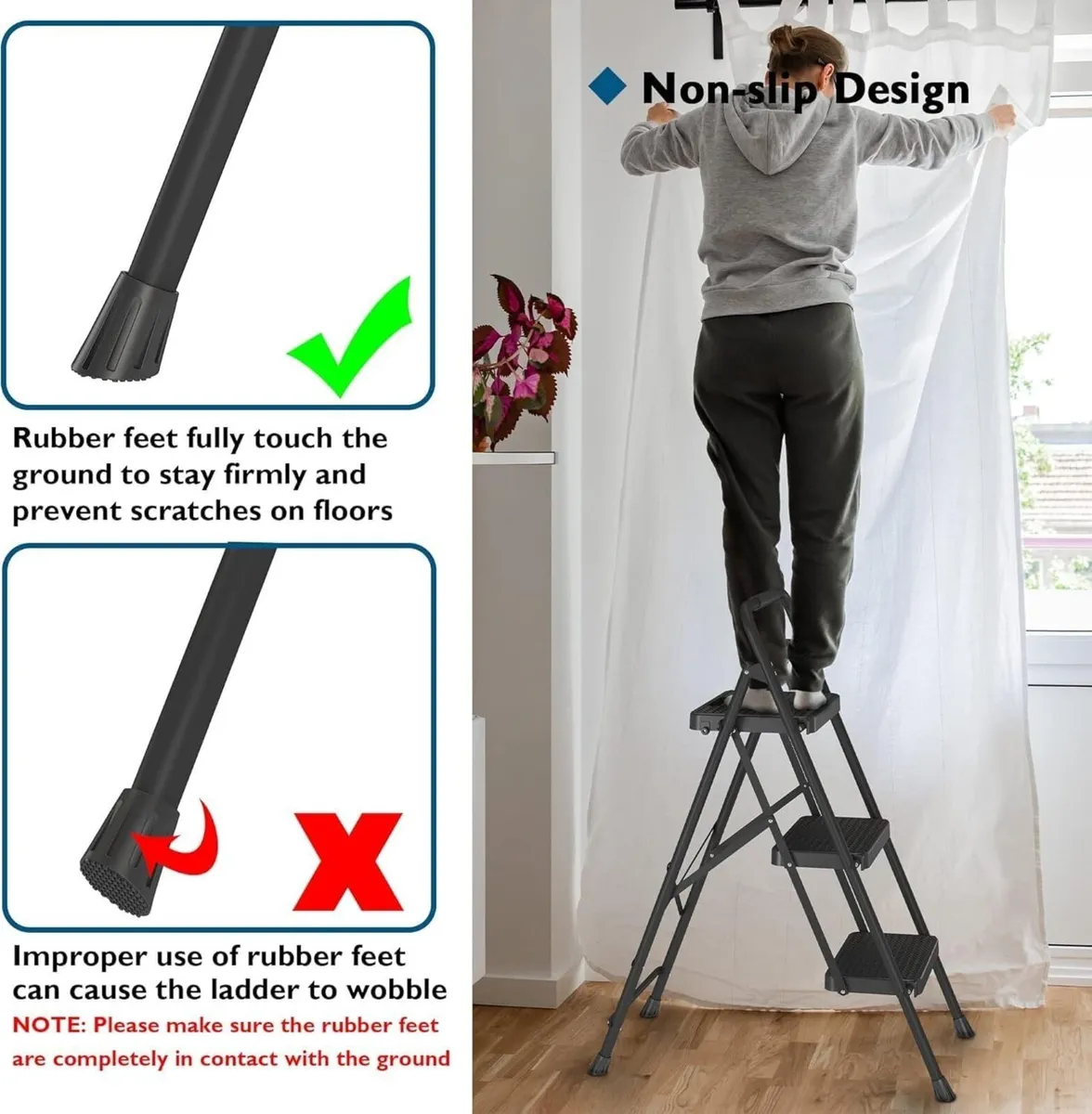 3 Step Ladder Folding Steel Stool with Wide - Image 4