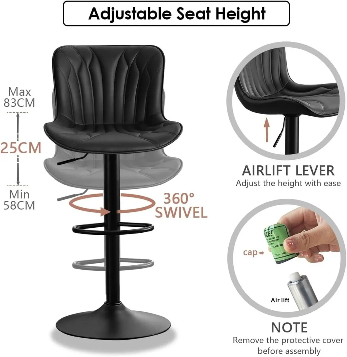 Bar Stools Set of 2 Swivel Barstools Faux Leather - Image 3