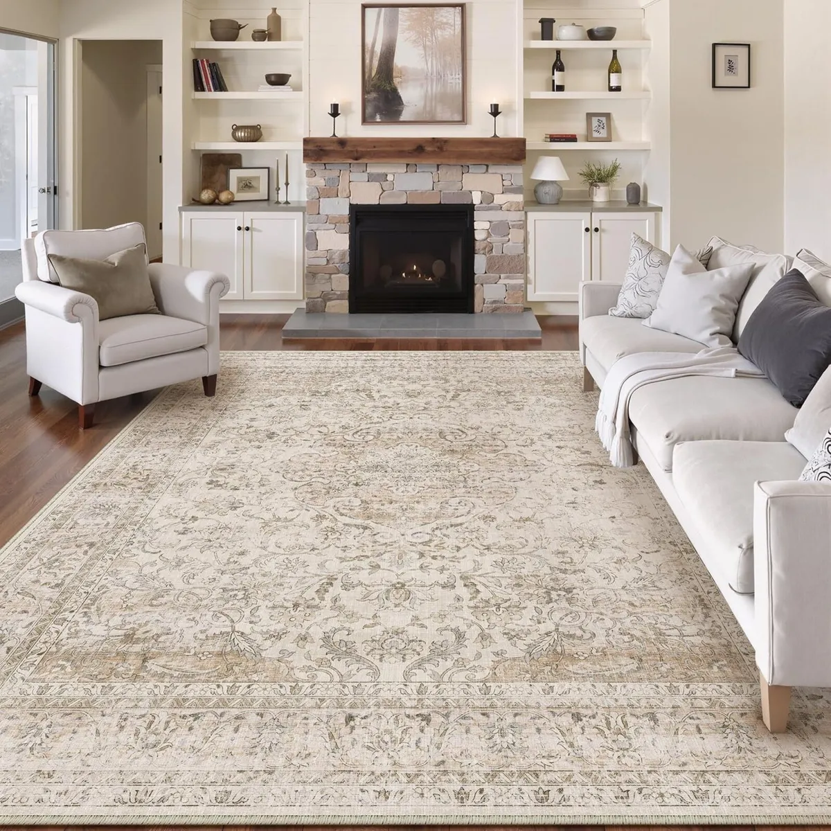 Vintage Rugs Living Room Beige Large Area Rug - Image 1