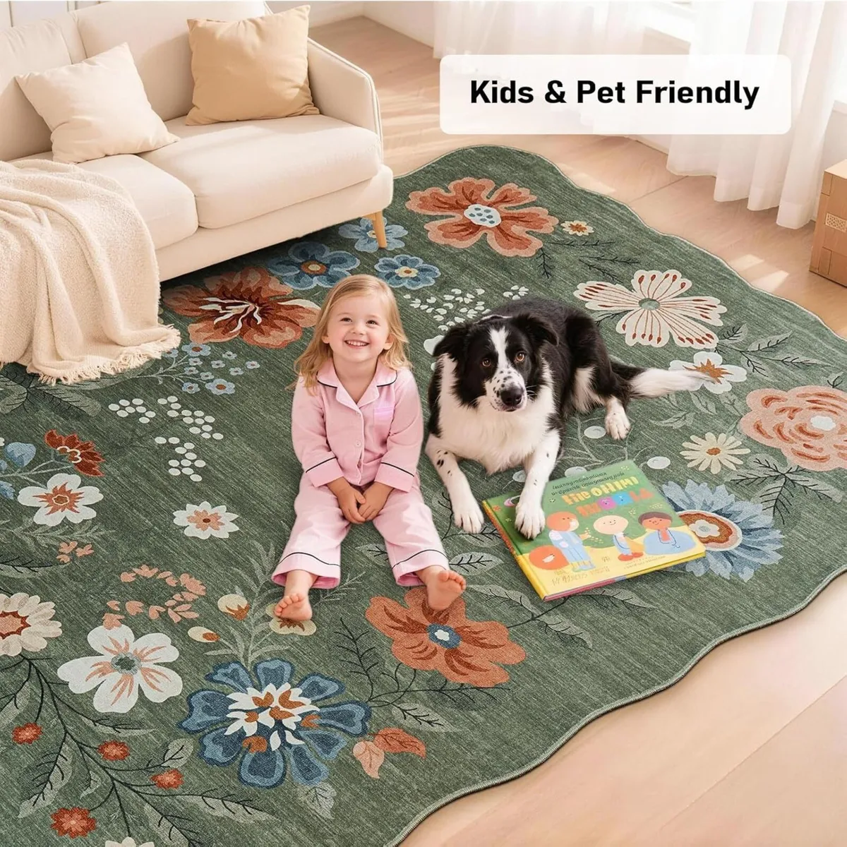 Living Room Rug Large Low Pile Vintage Scalloped - Image 4