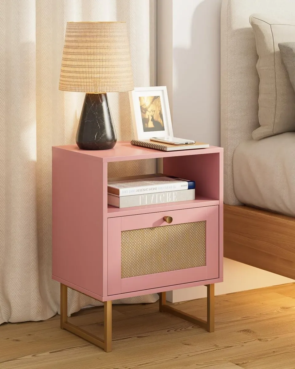 Rattan Bedside Table Modern Boho Farmhouse Wood - Image 1