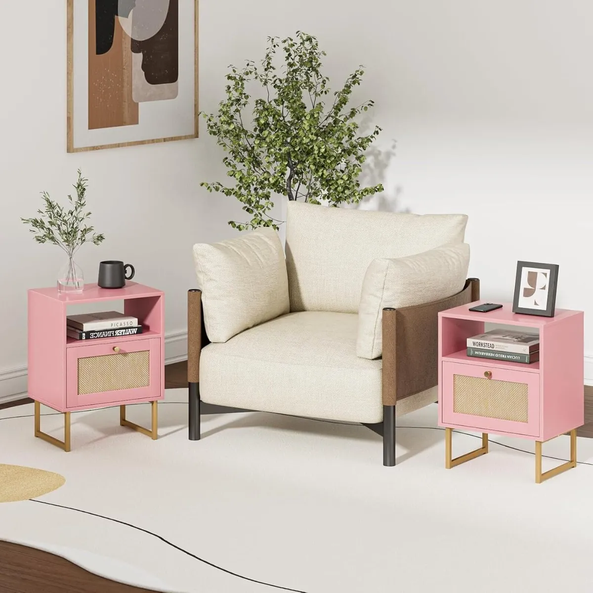 Rattan Bedside Table Modern Boho Farmhouse Wood - Image 4