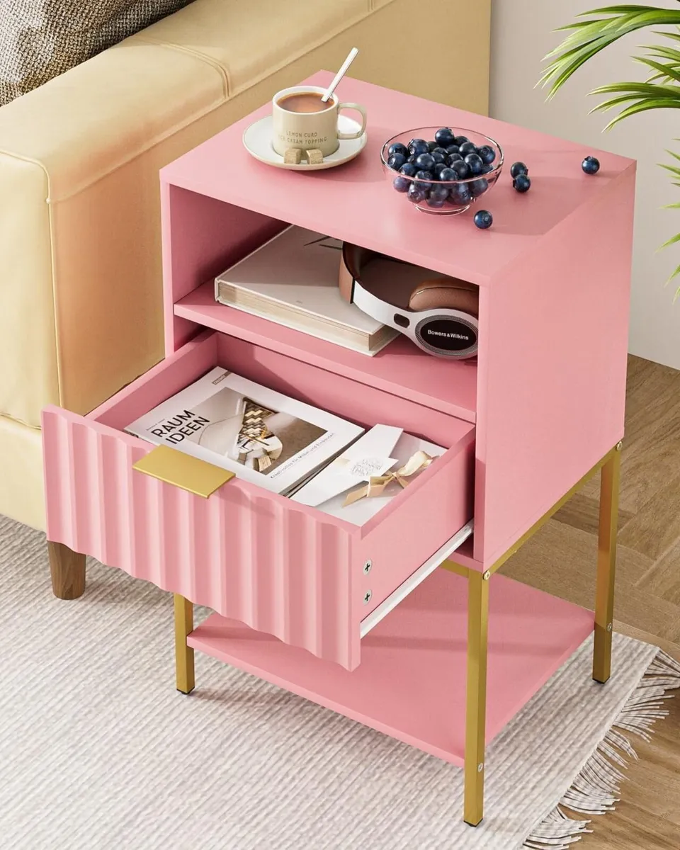 Bedside Table Side with Gold Frame Tall White - Image 3