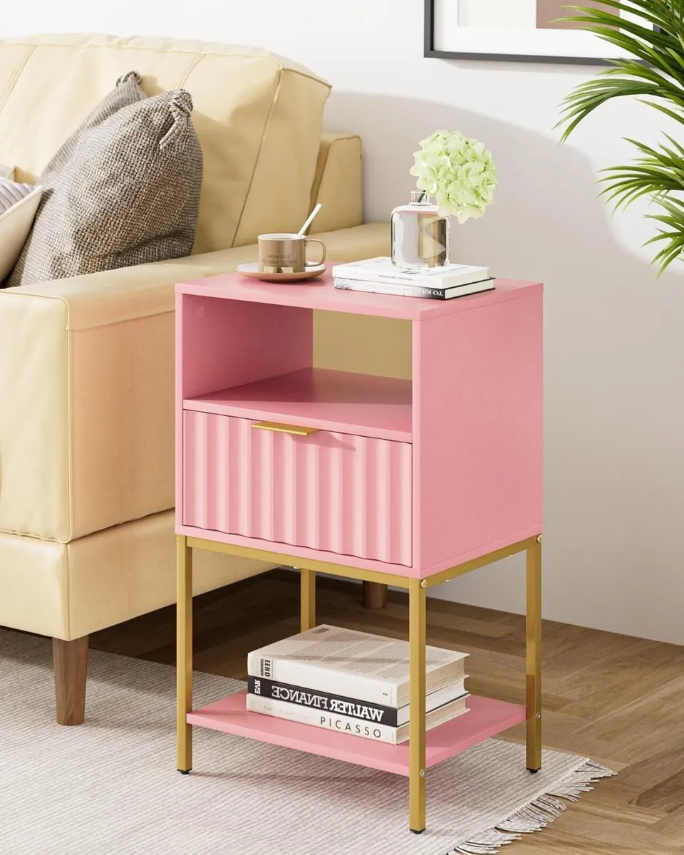 Bedside Table Side with Gold Frame Tall White - Image 4