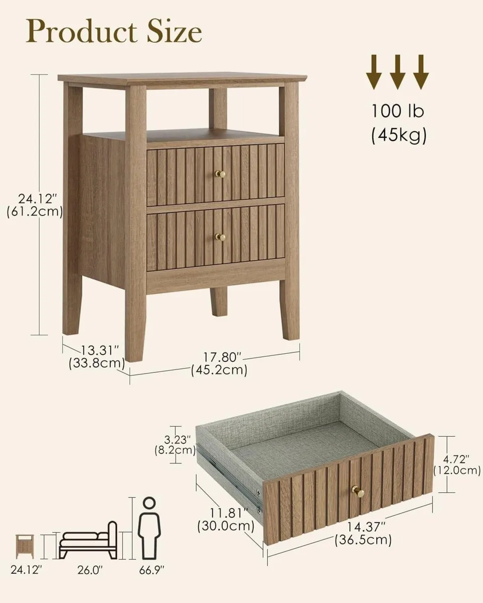 Bedside Table Chest of 2 Drawers Cabinet Wooden - Image 2