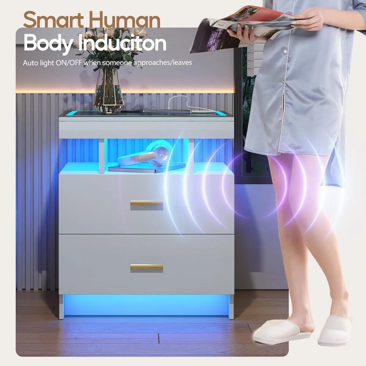 LED Bedside Table with Wireless Charging Station - Image 3