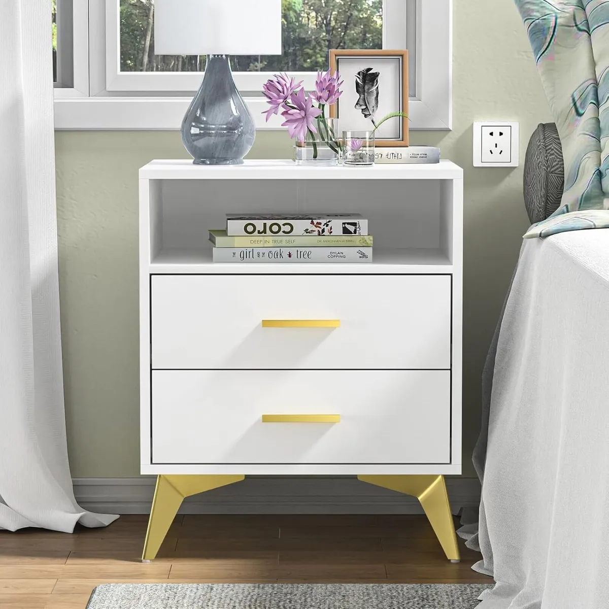 White Bedside Table with 2 Drawers Morden - Image 1