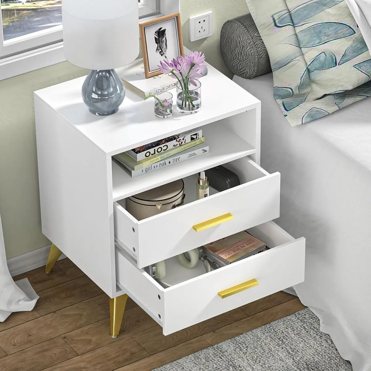 White Bedside Table with 2 Drawers Morden - Image 3