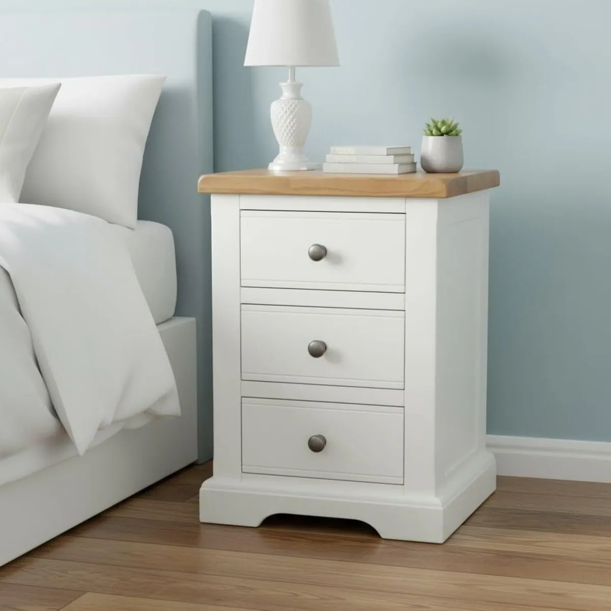 urniture XL Snow White Bedside Table 3 Drawers - Image 1