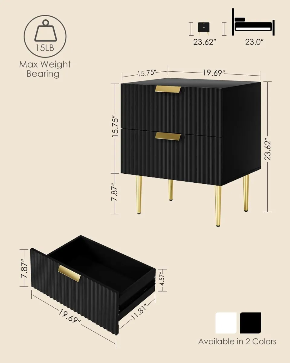 Black Bedside Table Nightstand with 2 Drawers - Image 2