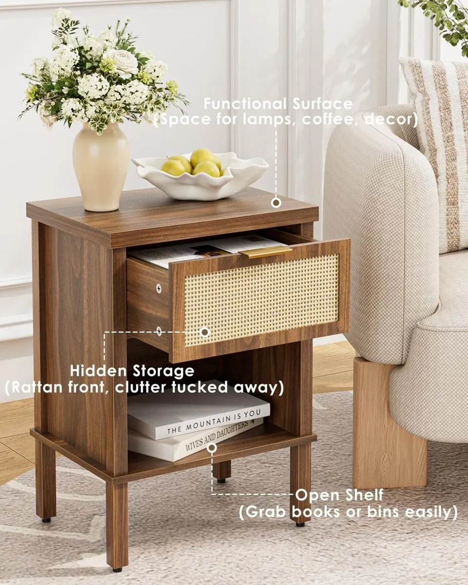 Rattan Bedside Table Wooden Side Boho Nightstand - Image 3