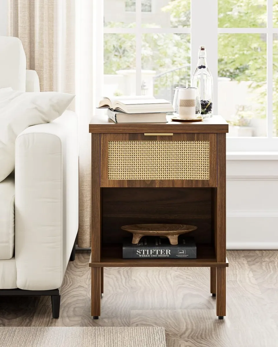 Rattan Bedside Table Wooden Side Boho Nightstand - Image 4