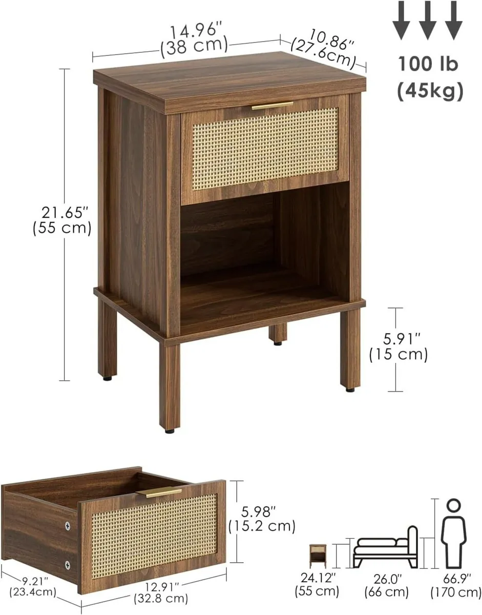 Rattan Bedside Table Wooden Side Boho Nightstand - Image 2