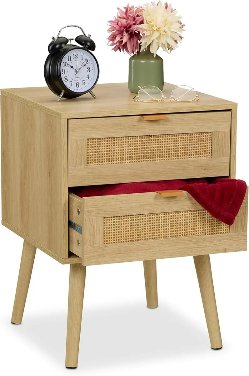 Bedside Table with 2 Rattan Decorated Drawers - Image 1