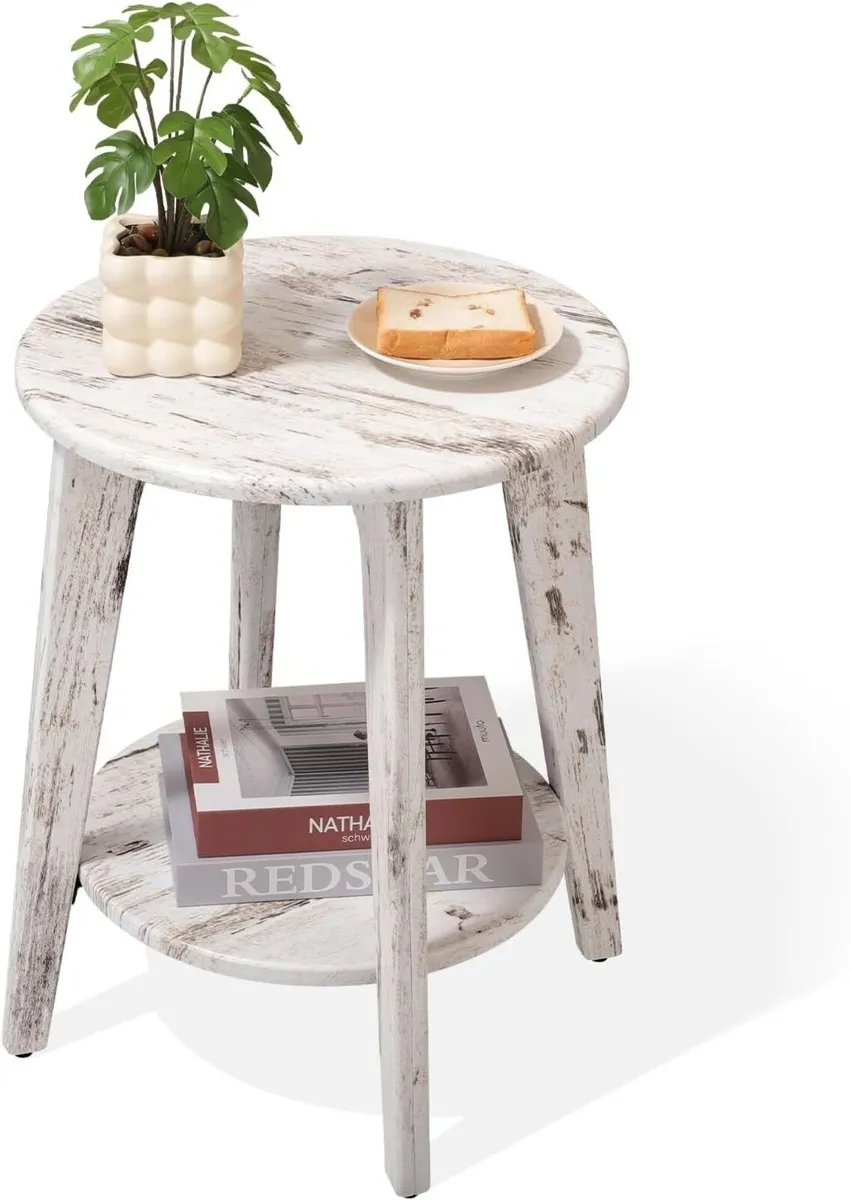 Round Side Table White Wooden End with Lower - Image 1