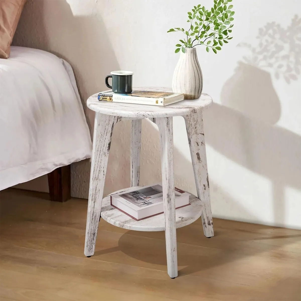 Round Side Table White Wooden End with Lower - Image 2