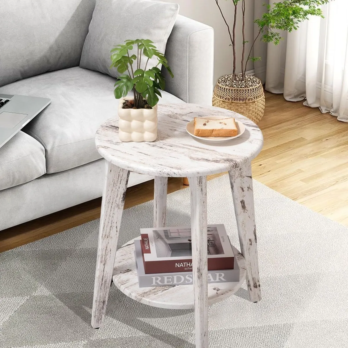 Round Side Table White Wooden End with Lower - Image 4