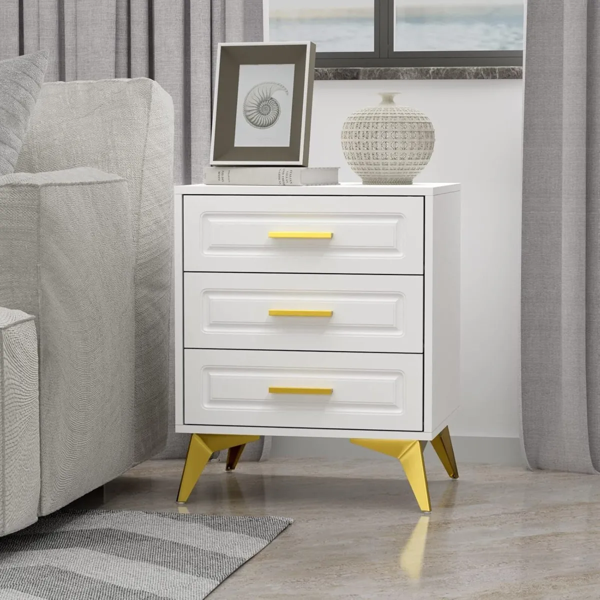 White Bedside Table with 3 Drawers Morden - Image 1