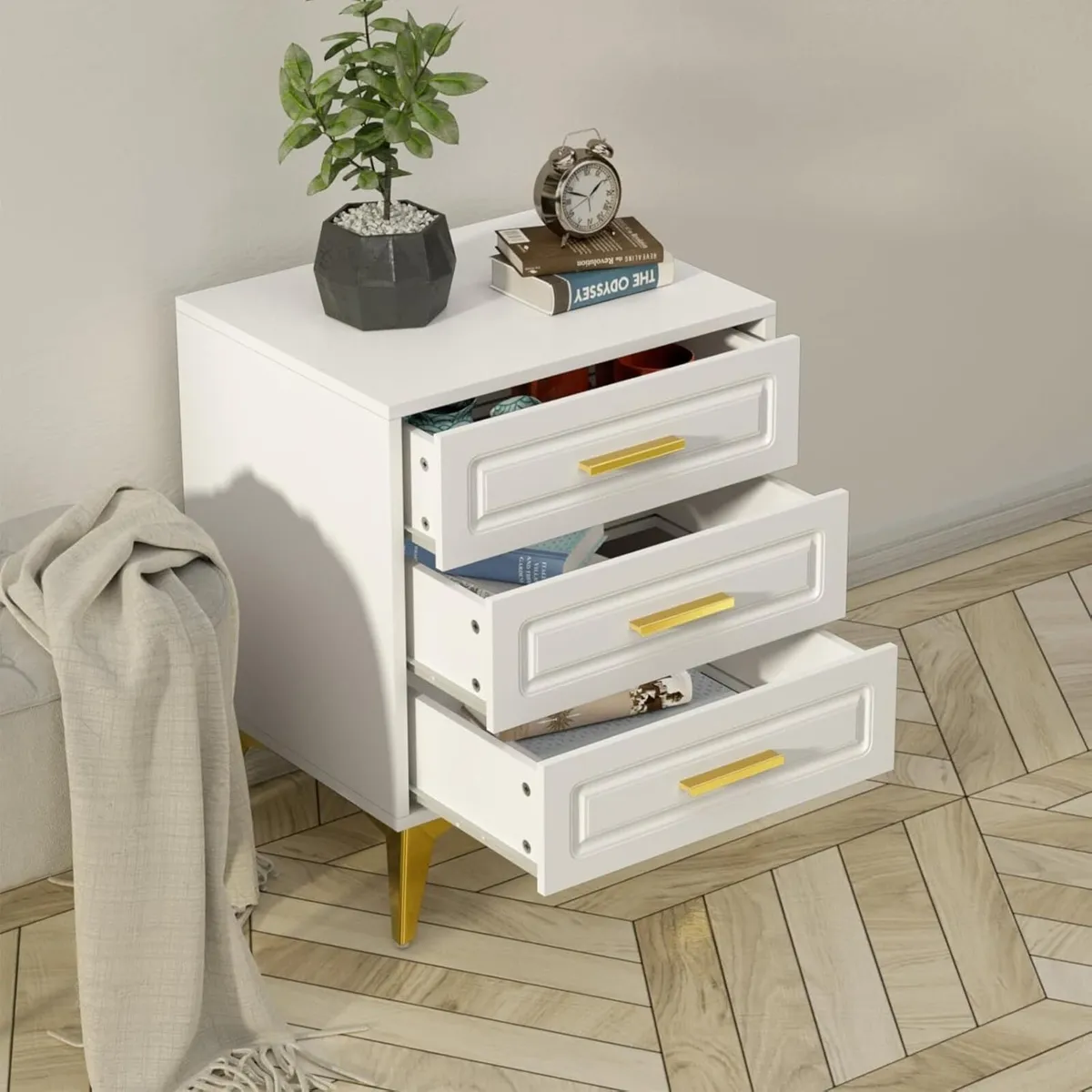 White Bedside Table with 3 Drawers Morden - Image 4
