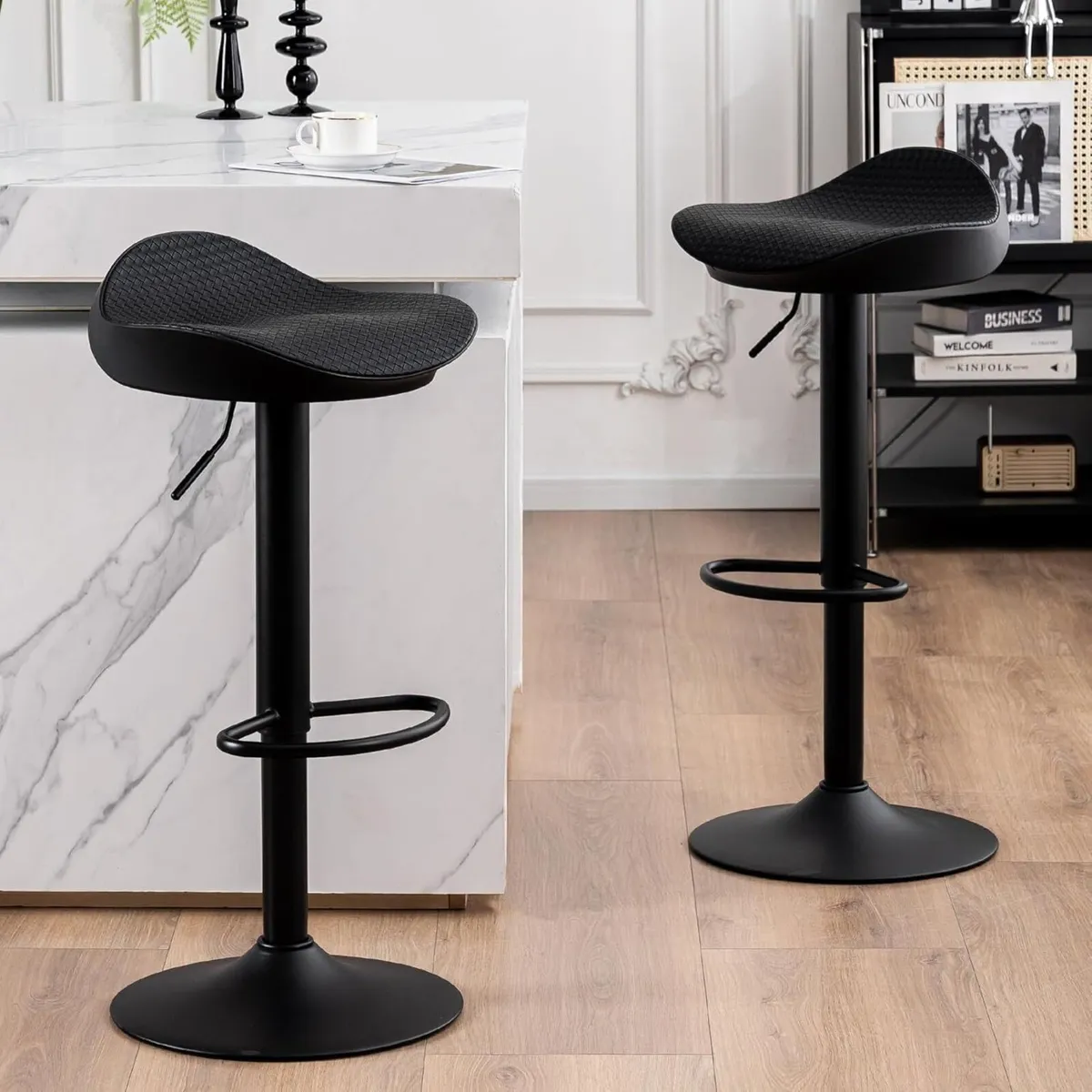 Black Bar Stools Set of 2 PU Leather Woven Seat - Image 1